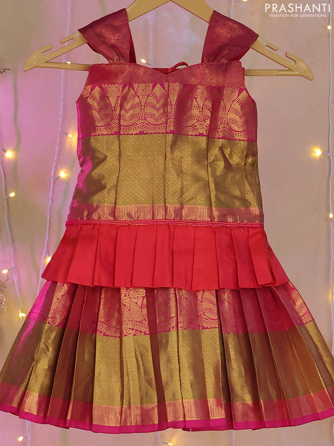 Silk kids lehenga pink and dual shade of orange with zari woven brocade weaves and long zari woven border for 2-3 years