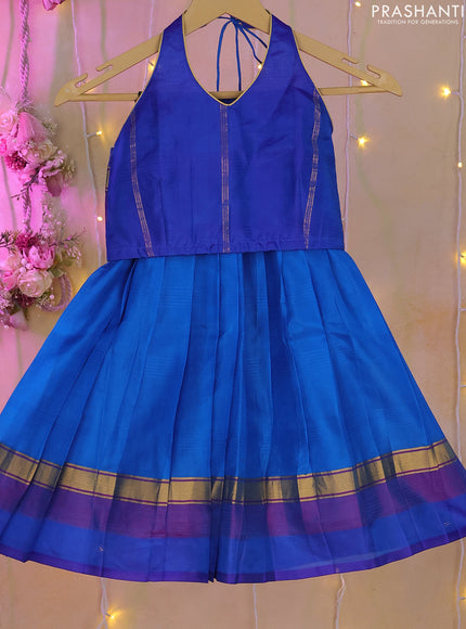 Silk kids lehenga blue with simple neck pattern & back knot and simple zari border for 3-4 years