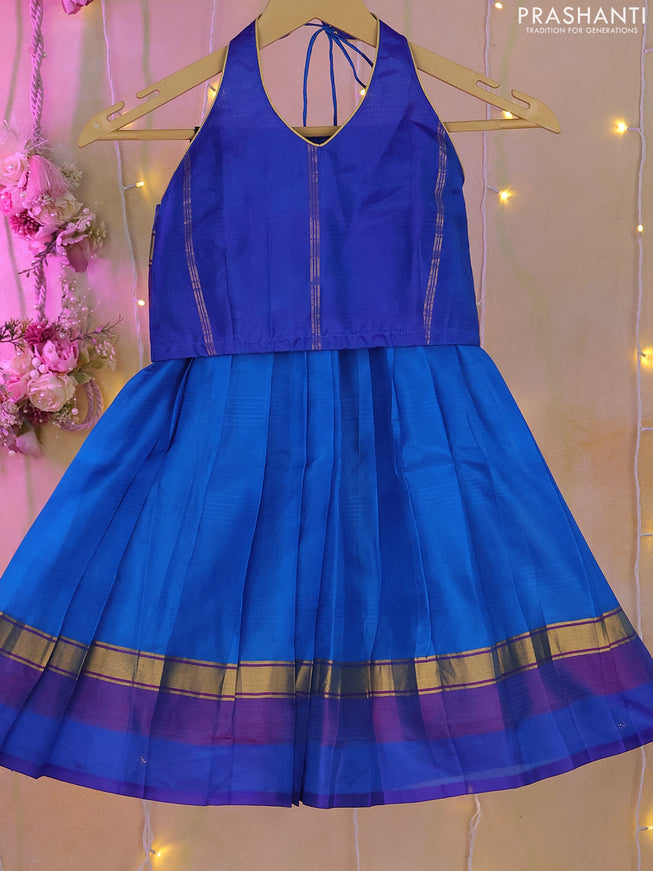 Silk kids lehenga blue with simple neck pattern & back knot and simple zari border for 3-4 years