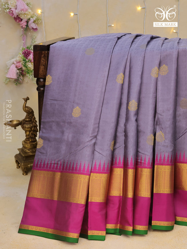 Pure kanchipuram silk saree grey and magenta pink with allover self emboss & buttas and temple design rettapet zari woven border