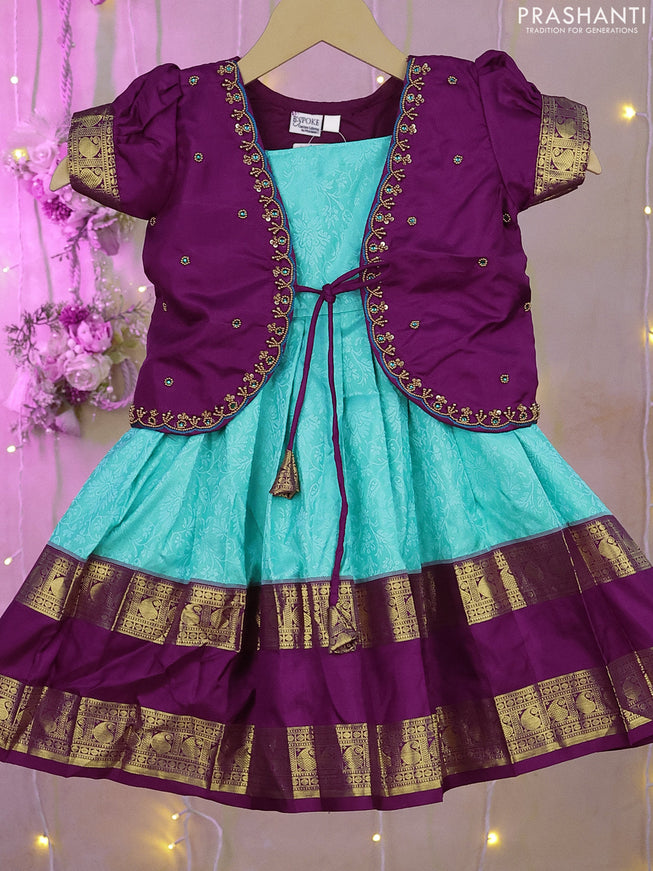 Silk kids lehenga purple and teal blue with aari work neck pattern and rettapet zari woven border for 0-1 years