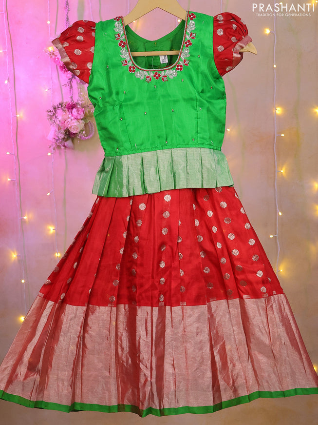 Silk kids lehenga light green and red with aari work neck pattern & puff sleeve and silver zari buttas & zari border for 4-5 years