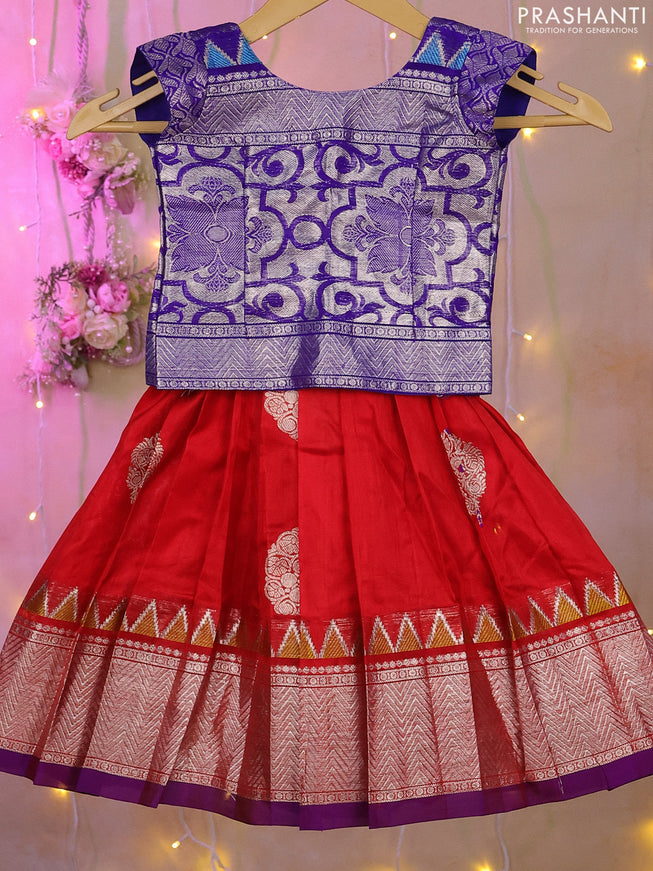 Silk kids lehenga blue and red with silver zari woven brocade weaves and silver zari woven border for 0-6 month