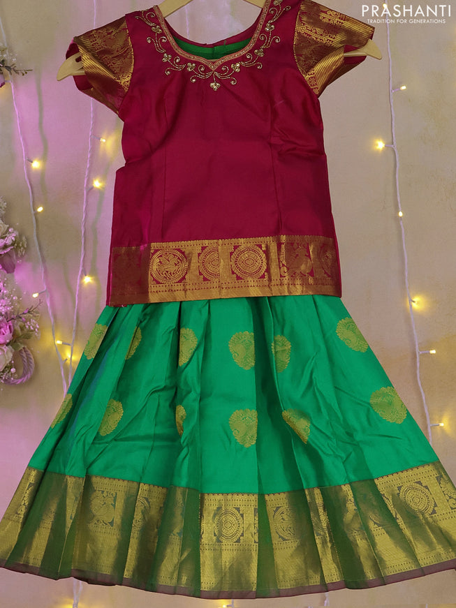 Silk kids lehenga pink and green with aari work neck pattern and zari buttas & zari border for 2-3 years