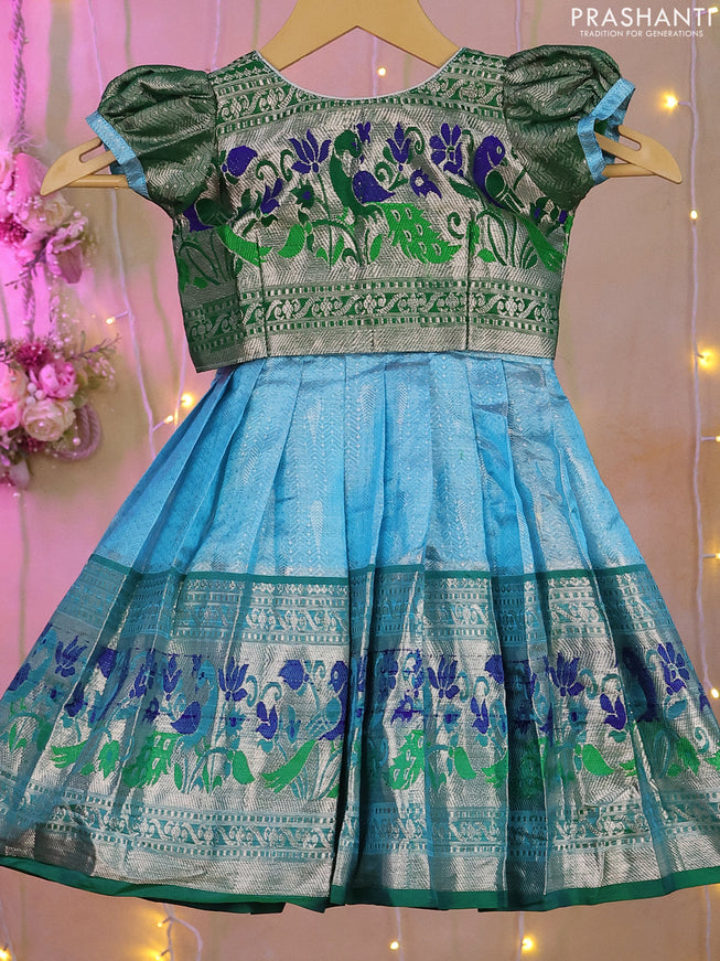 Silk kids lehenga green and light blue with silver zari woven brocade weaves and long silver zari woven border for 0-6 month