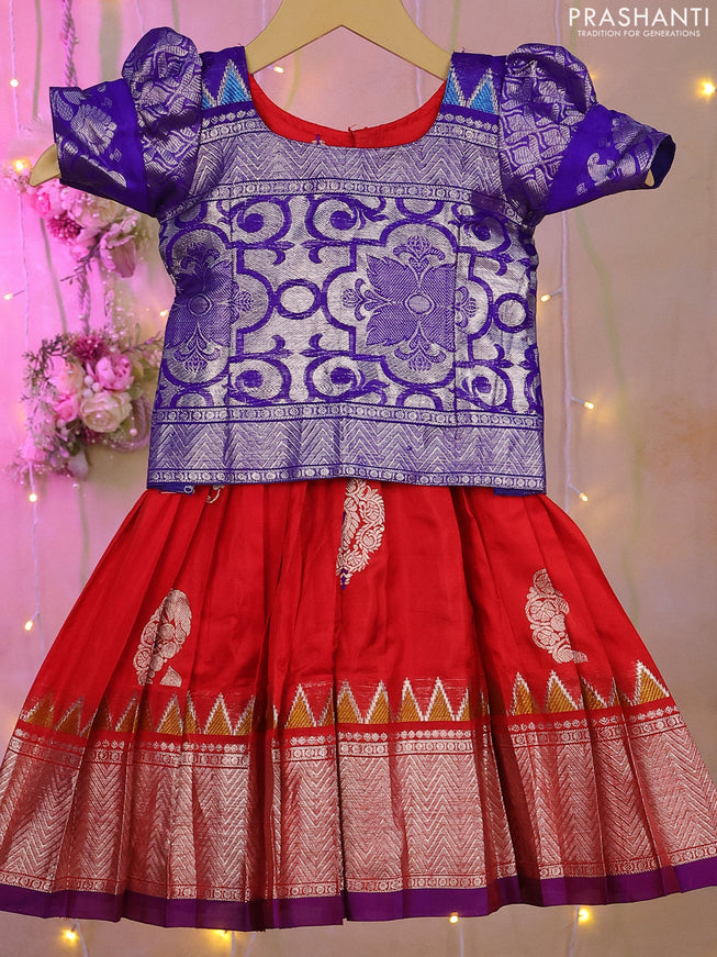 Silk kids lehenga blue and red with silver zari woven brocade weaves and silver zari buttas & zari border for 0-1 years