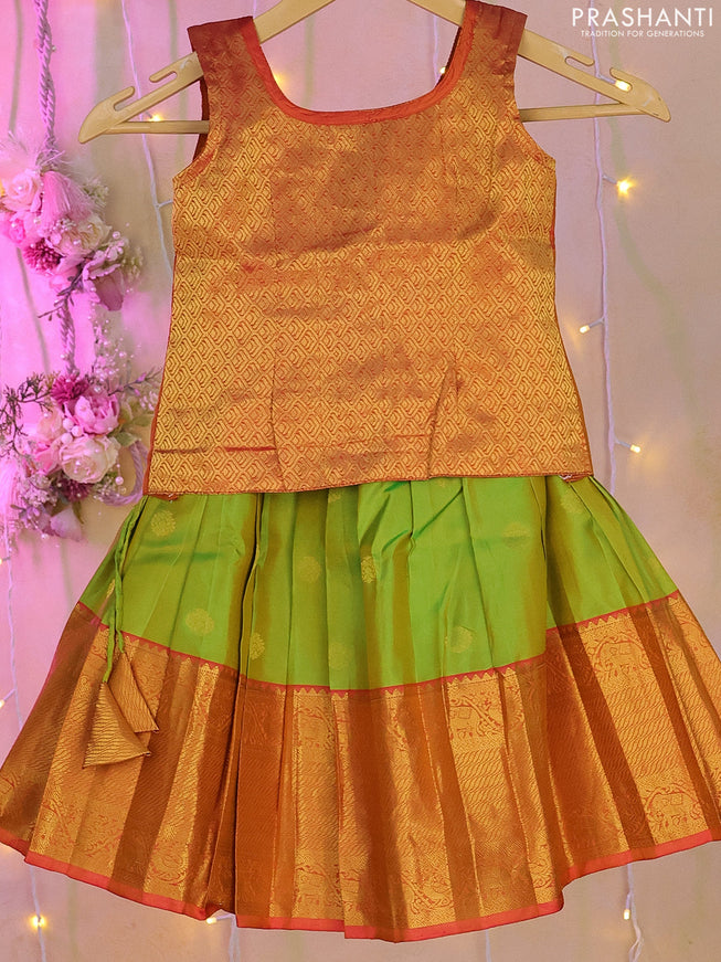 Silk kids lehenga dual shade of mustard and light green with zari woven brocade weaves and zari buttas & zari border for 1-2 years