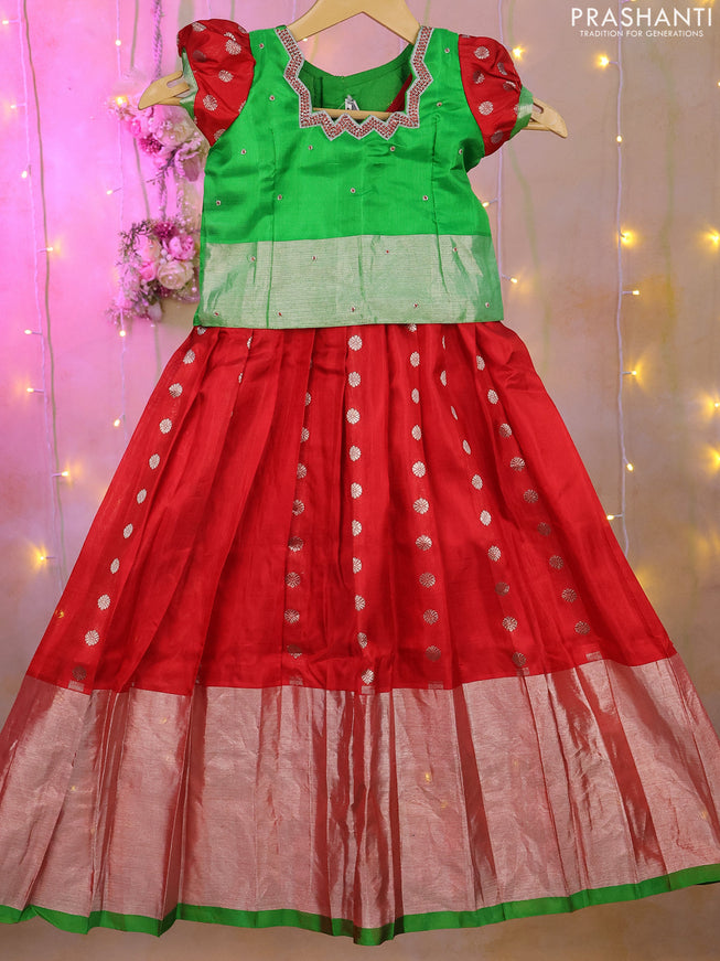 Silk kids lehenga light green and red with aari work neck pattern & puff sleeve and silver zari buttas & zari border for 2-3 years