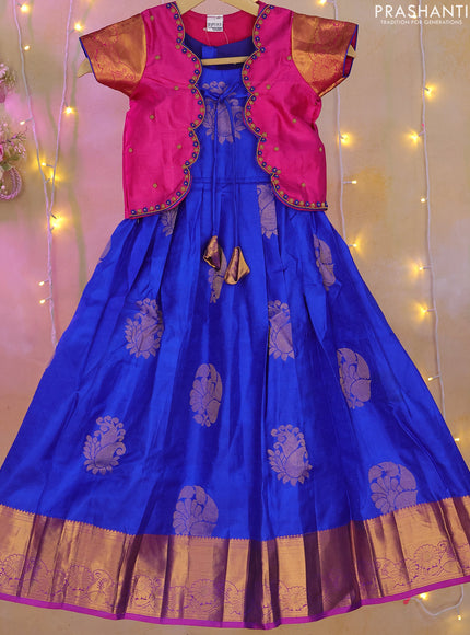 Silk kids lehenga pink and blue with aari work neck pattern and zari buttas & zari border for 5-6 years