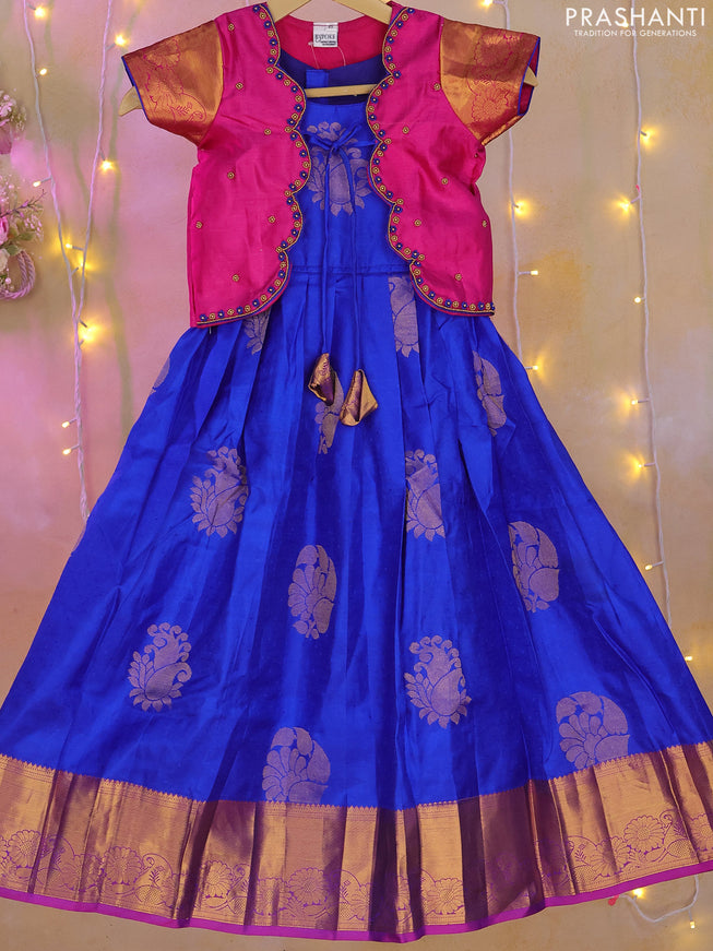 Silk kids lehenga pink and blue with aari work neck pattern and zari buttas & zari border for 5-6 years