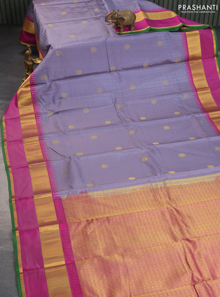 Pure kanchipuram silk saree grey and magenta pink with allover self emboss & buttas and temple design rettapet zari woven border