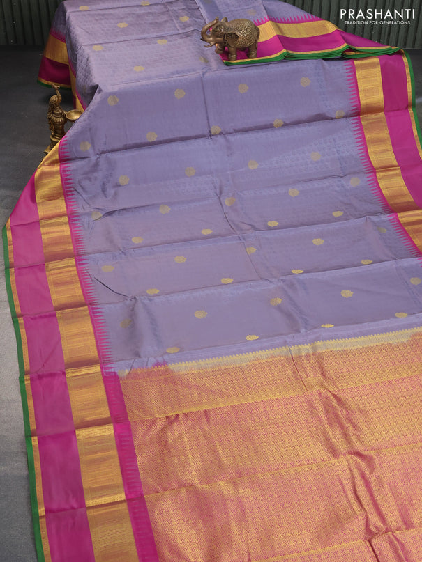 Pure kanchipuram silk saree grey and magenta pink with allover self emboss & buttas and temple design rettapet zari woven border