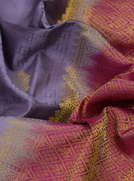 Pure kanchipuram silk saree grey and magenta pink with allover self emboss & buttas and temple design rettapet zari woven border