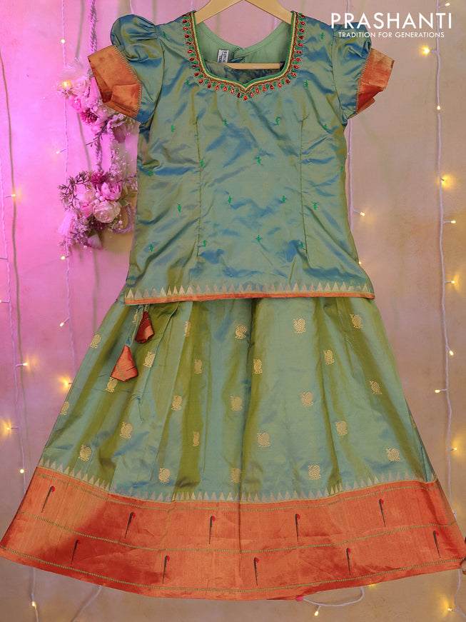 Silk kids lehenga dual shade of pink and light green with zari woven brocade weaves and buttas & long zari border for 0-1 years