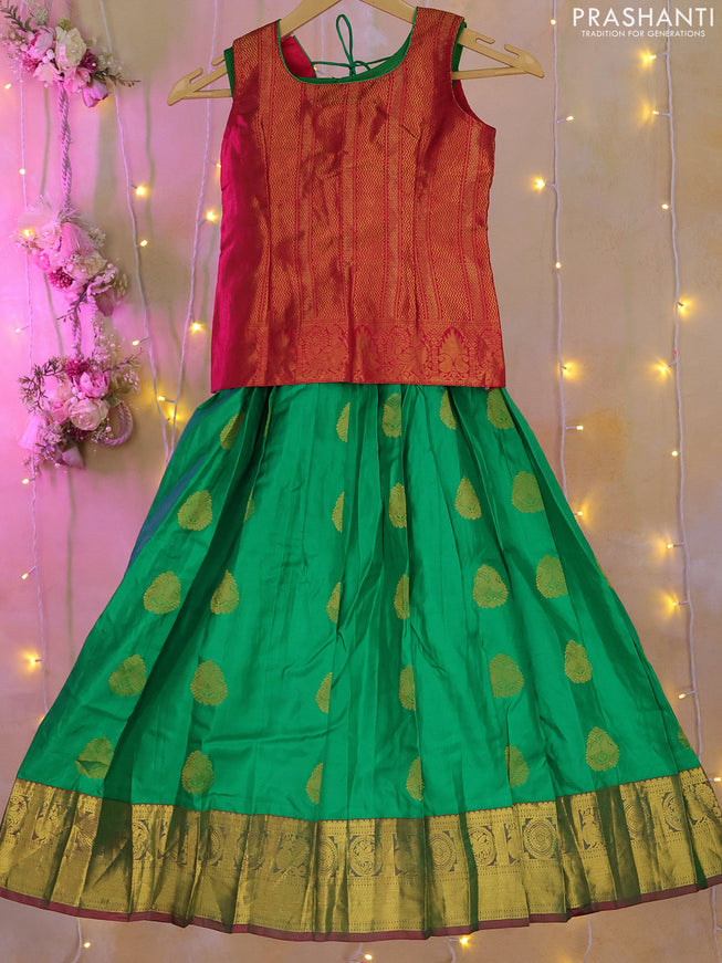 Silk kids lehenga pink and green with zari woven brocade weaves and zari buttas & zari border for 6-7 years