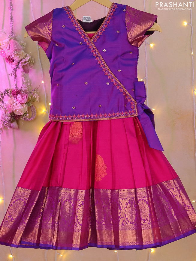 Silk kids lehenga dual shade of purple and pink with aari work neck pattern and zari buttas & copper zari border for 2-3 years