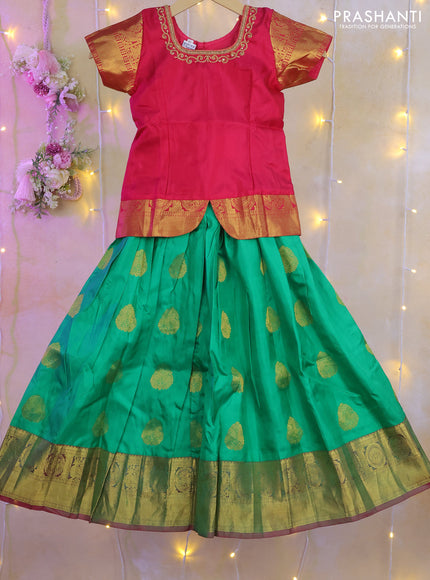 Silk kids lehenga pink and green with aari work neck pattern and zari buttas & zari border for 4-5 years