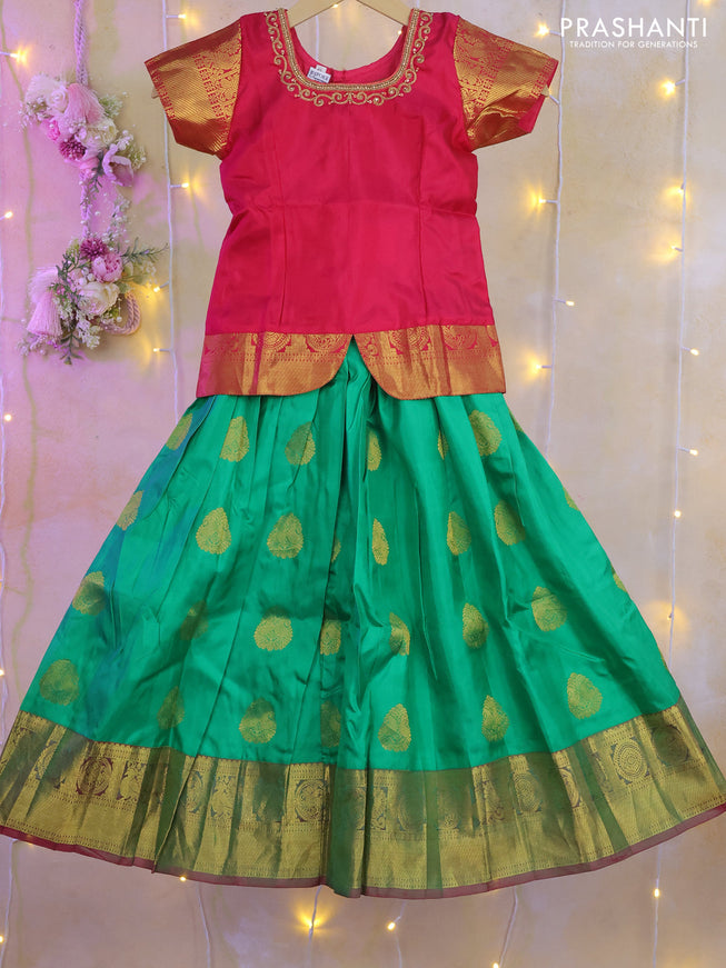 Silk kids lehenga pink and green with aari work neck pattern and zari buttas & zari border for 4-5 years