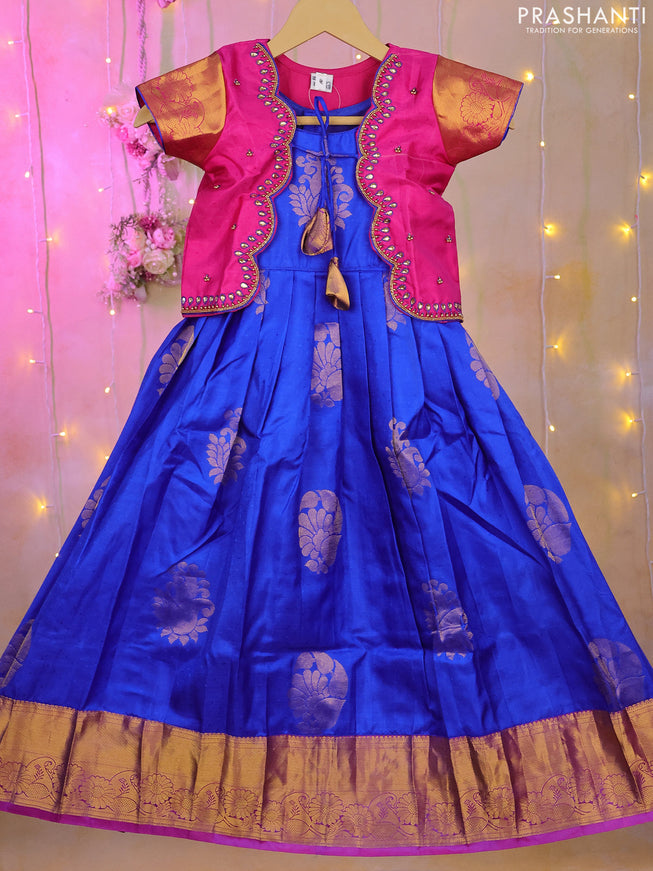 Silk kids lehenga pink and blue with aari work neck pattern and zari woven border for 4-5 years