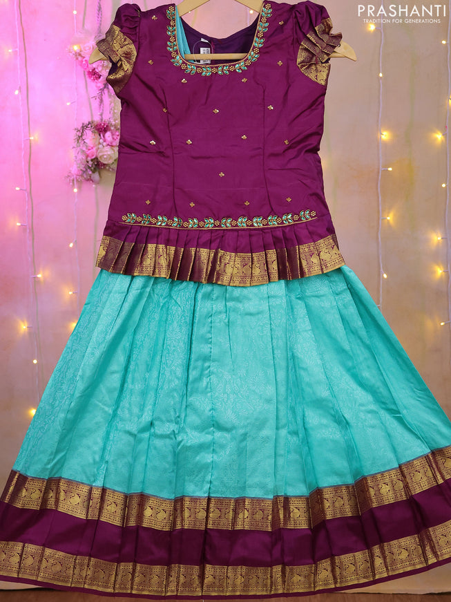 Silk kids lehenga deep purple and teal blue with aari work neck pattern & puff sleeve and self emboss & rettapet zari border for 5-6 years