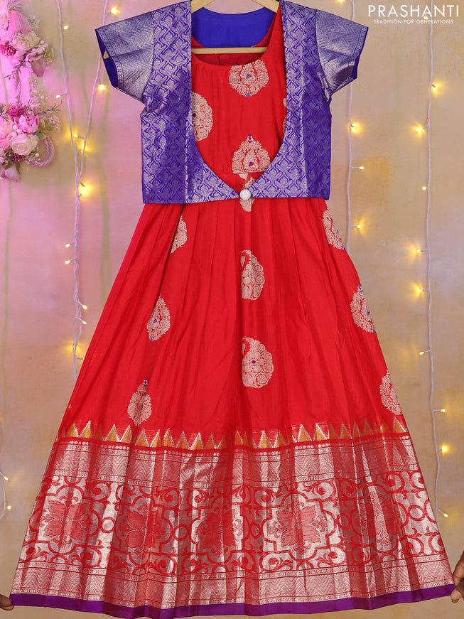 Silk kids lehenga blue and red with zari woven brocade weaves and silver zari woven buttas & border for 6-7 years