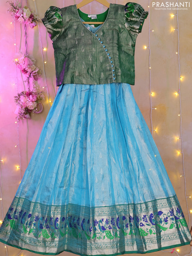 Silk kids lehenga green and light blue with silver zari woven brocade weaves & puff sleeve and silver zari woven paithani style border for 7-8 years