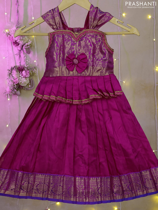 Silk kids frock purple and pink with zari woven brocade weaves & lace work neck pattern and copper zari border for 0-6 month