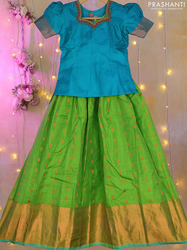 Silk kids lehenga teal blue and light green with aari work neck pattern & puff sleeve and copper zari buttas & copper zari border for 7-8 years