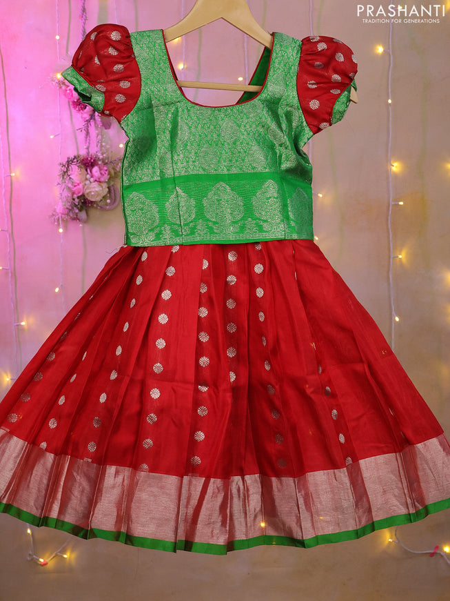 Silk kids lehenga light green and red with silver zari woven brocade weaves and silver zari woven buttas & border for 2-3 years