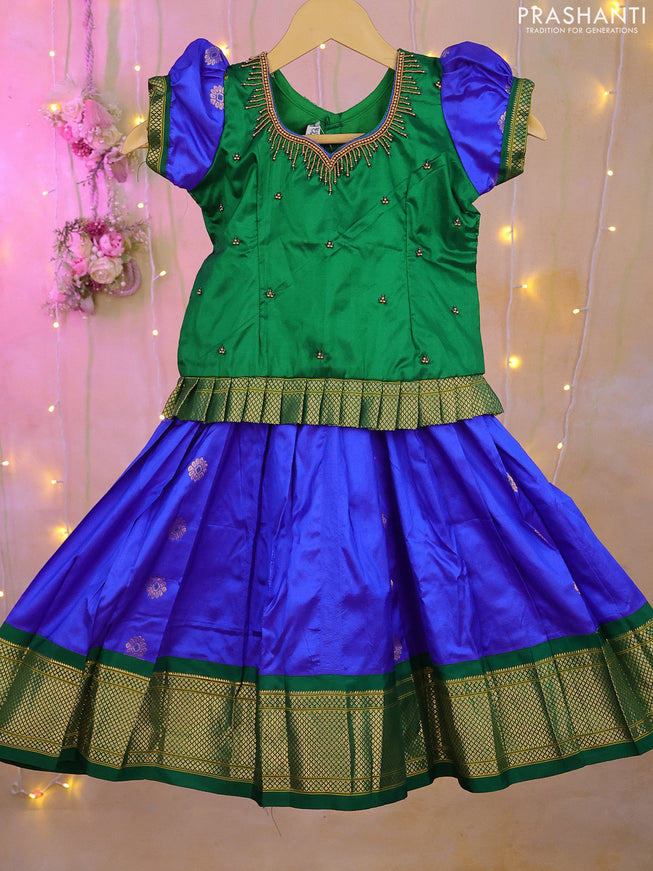 Silk kids lehenga green and blue with aari work neck pattern & puff sleeve and zari buttas & zari border for 3-4 years