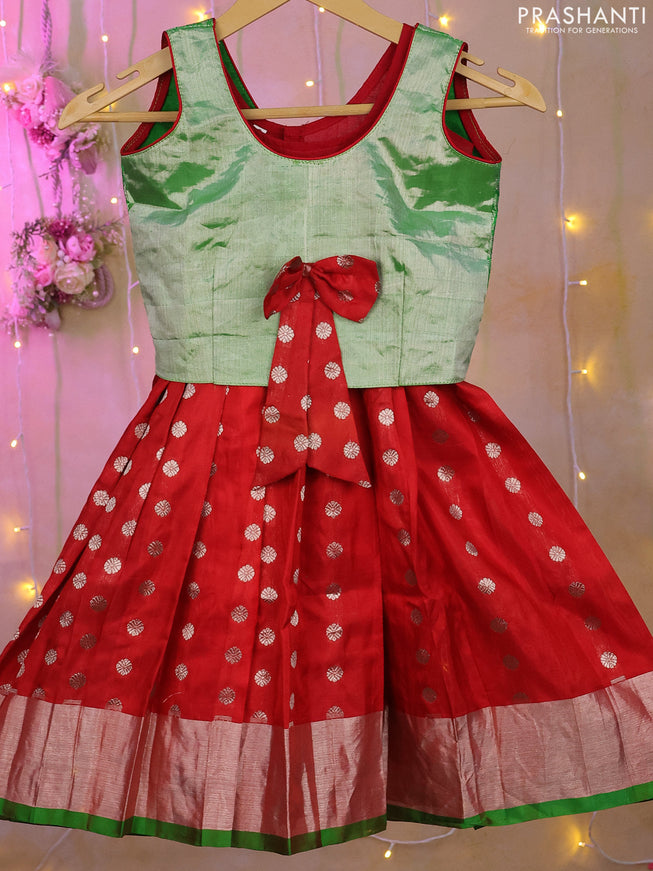 Silk kids lehenga green and red with silver zari woven brocade weaves and silver zari woven buttas & border for 2-3 years