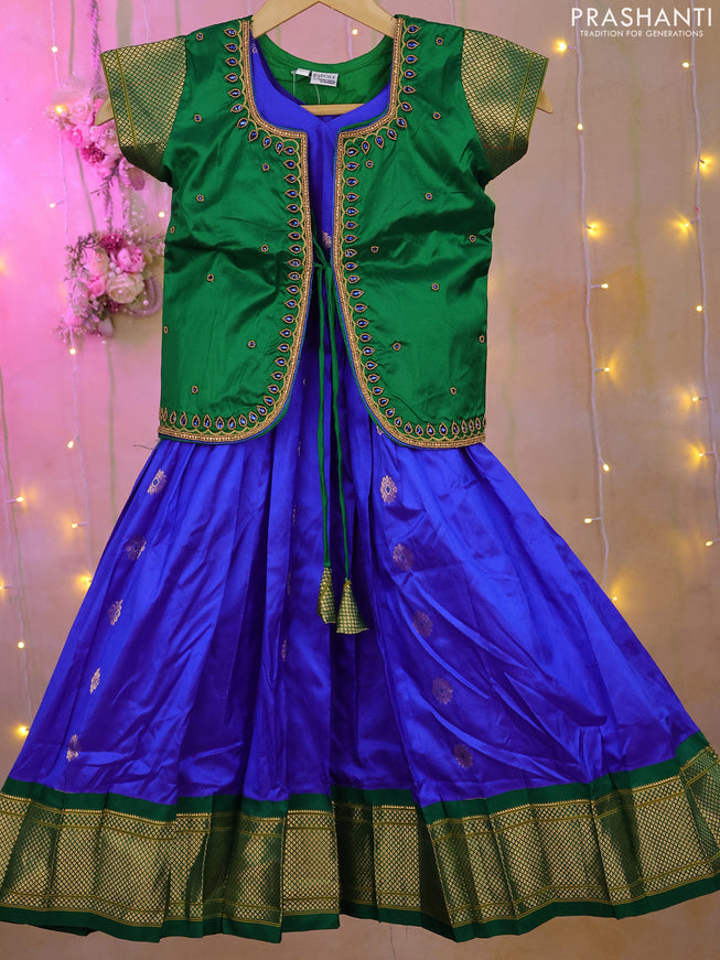 Silk kids lehenga green and royal blue with aari work neck pattern and zari buttas & zari border for 4-5 years