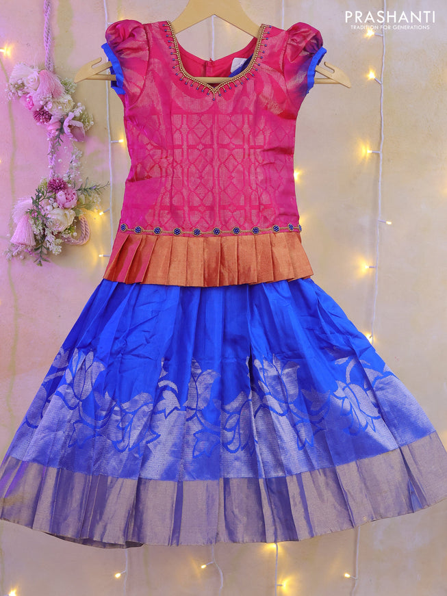 Silk kids lehenga pink and blue with silver zari woven brocade weaves & aari work neck and silver zari woven buttas & border for 3-4 years