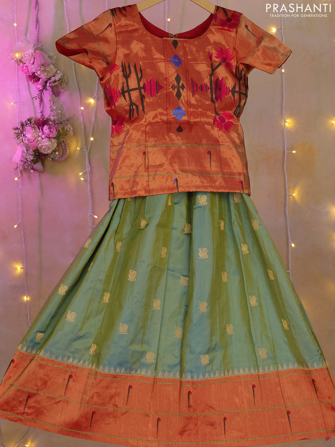 Silk kids lehenga dual top dual shade of teal green red and dual shade of blue with aari work neck pattern & puff sleeve and zari woven muniya butta border for 7-8 years