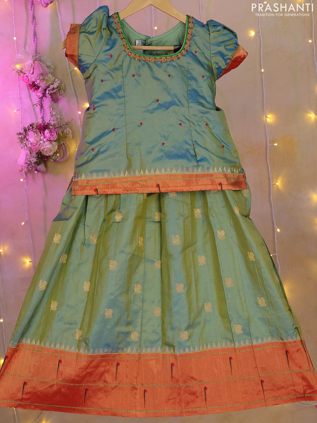 Silk kids lehenga dual top dual shade of teal green red and dual shade of blue with aari work neck pattern & puff sleeve and zari woven muniya butta border for 7-8 years