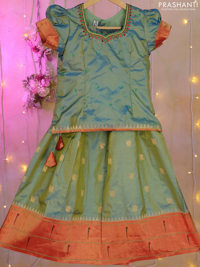 Silk kids lehenga dual top dual shade of teal green and dual shade of blue with aari work neck pattern & coat type and zari woven buttas & paithani style border for 7-8 years