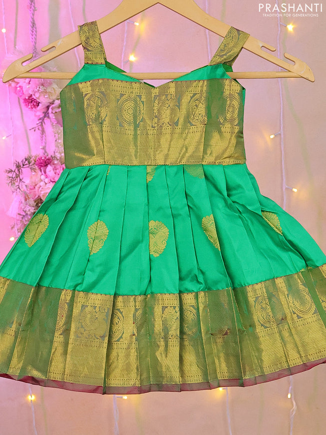 Silk kids frock green with zari woven brocade weaves and zari woven border for 0-6 month