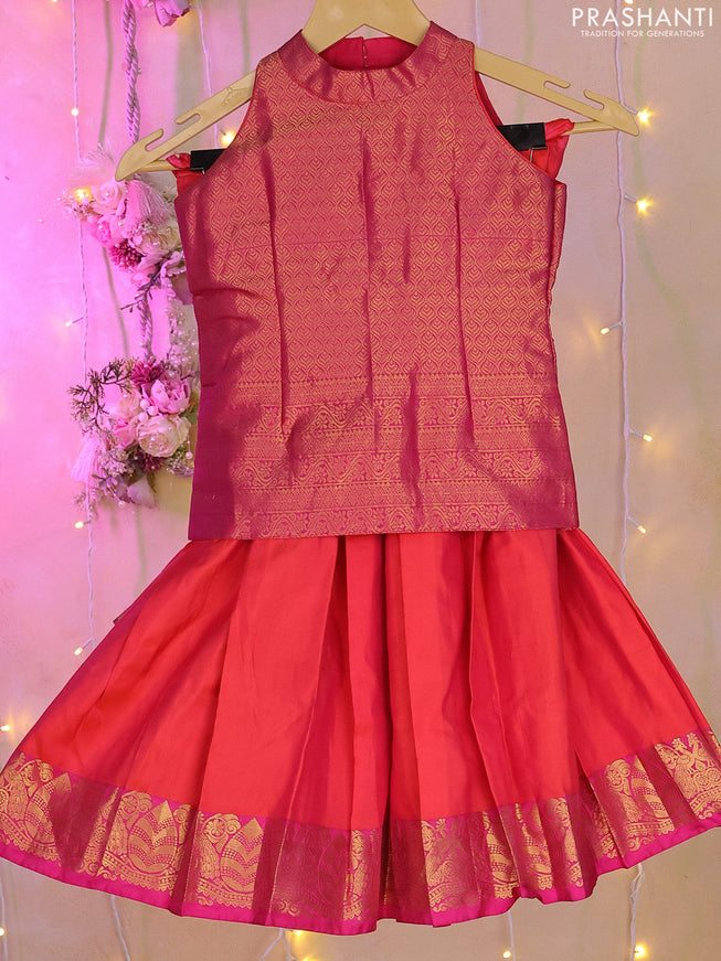 Silk kids frock pink and dual shade of pinkish orange with zari woven brocade weaves & sleeve less and zari woven border for 4-5 years