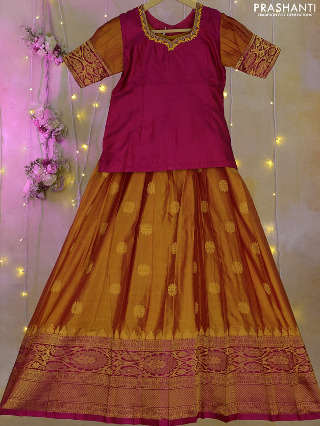 Silk kids lehenga pink and dual shade of mustard with aari work neck pattern and long zari woven border for 9-10 years