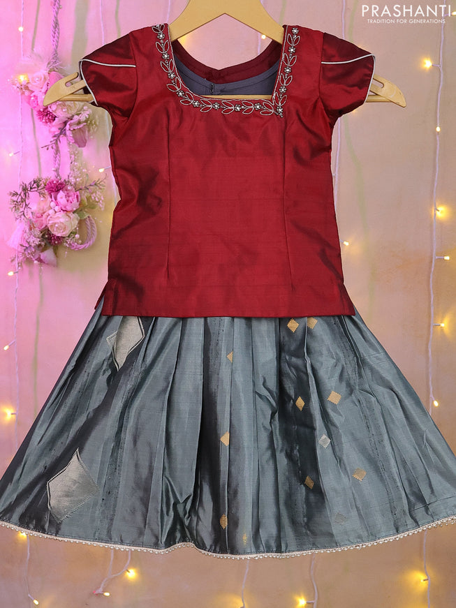 Silk kids lehenga maroon and grey with aari work neck pattern and zari buttas & beaded lace border for 0-1 years