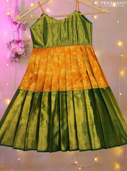 Silk kids frock green and mango yellow with zari woven brocade weaves and long zari woven border for 0-1 years