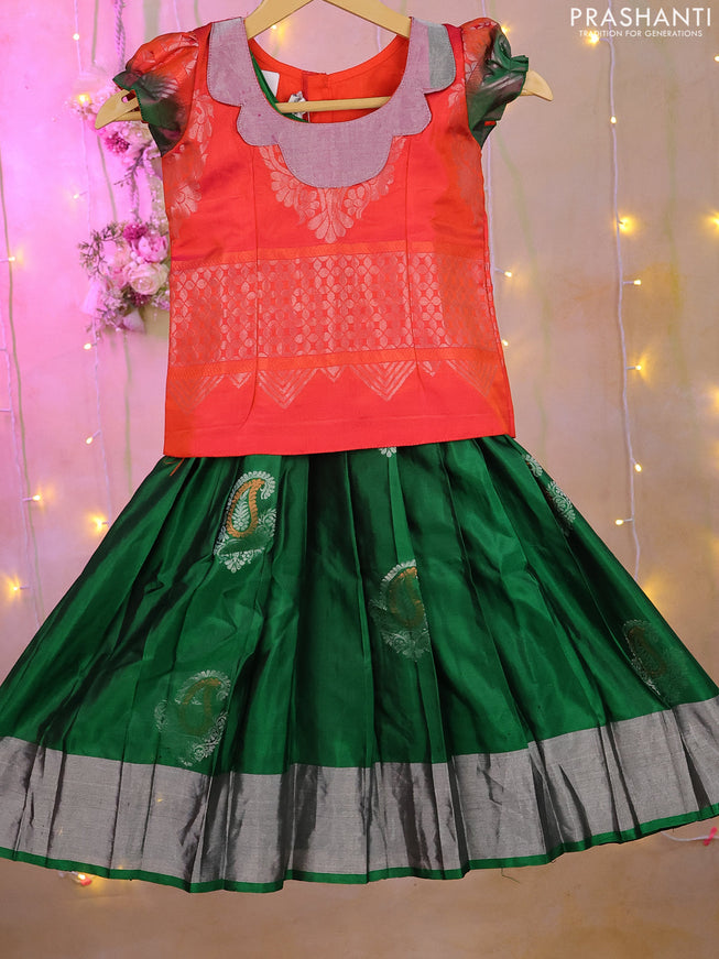 Silk kids lehenga dual shade of orange and green with silver zari woven brocade weaves & patch work neck pattern and silver zari buttas & silver border for 3-4 years