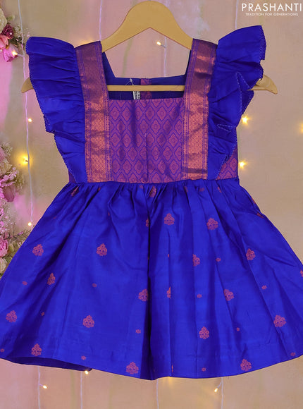 Silk kids frock royal blue with zari woven brocade weaves and simple border for 2-3 years