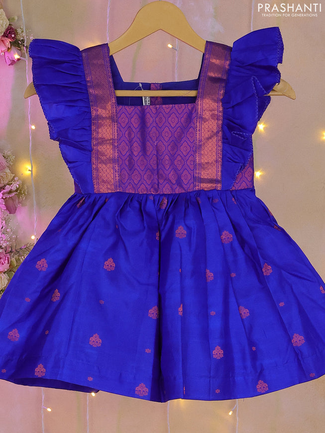 Silk kids frock royal blue with zari woven brocade weaves and simple border for 2-3 years