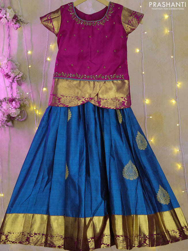 Silk kids lehenga pink and peacock blue with aari work neck pattern and zari woven border for 6-7 years