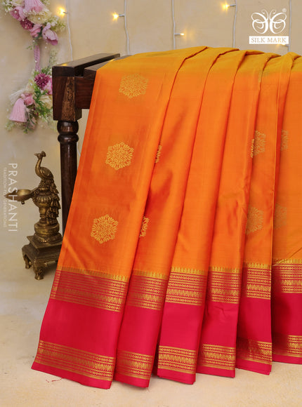 Pure kanchipuram silk saree dual shade of orange and pink with zari woven buttas and rettapet long zari woven border