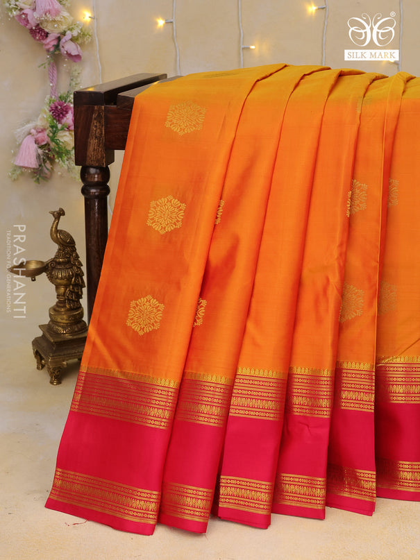 Pure kanchipuram silk saree dual shade of orange and pink with zari woven buttas and rettapet long zari woven border