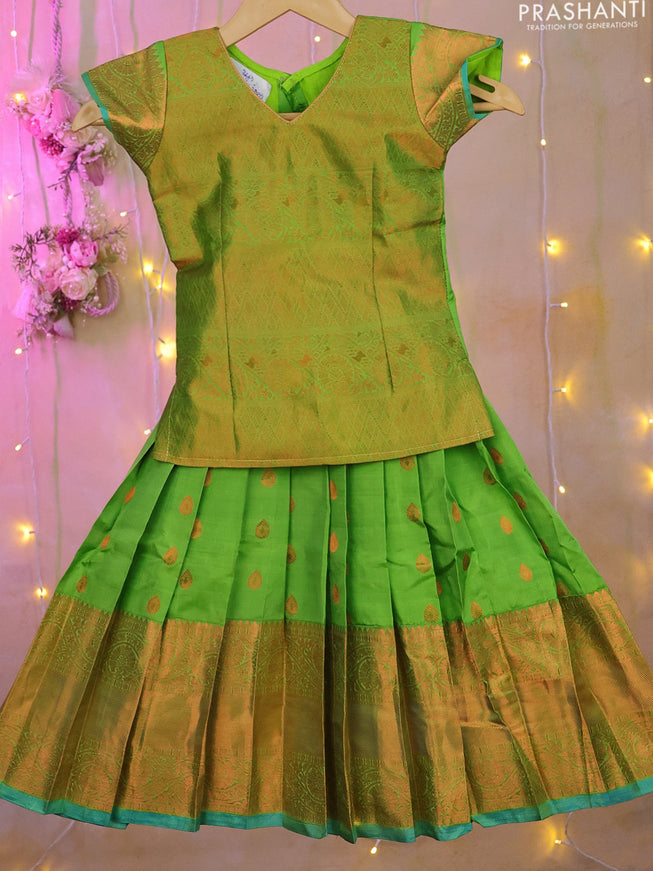 Silk kids lehenga light green with copper zari woven brocade weaves and long copper zari woven border for 2-3 years