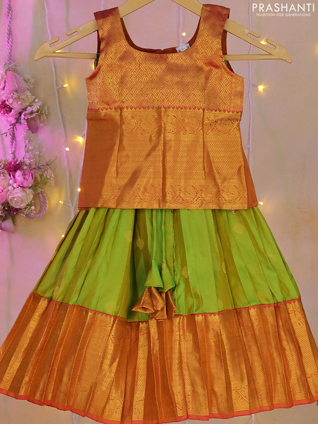 Silk kids lehenga dual shade of mustard and dual shade of green with zari woven brocade weaves & back knot and zari buttas & zari woven border for 1-2 years