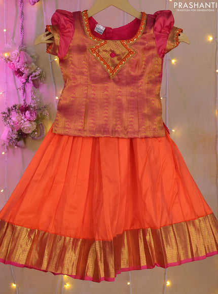 Silk kids lehenga pink and orange with zari woven brocade weaves & lace work neck pattern and zari woven border for 3-4 years